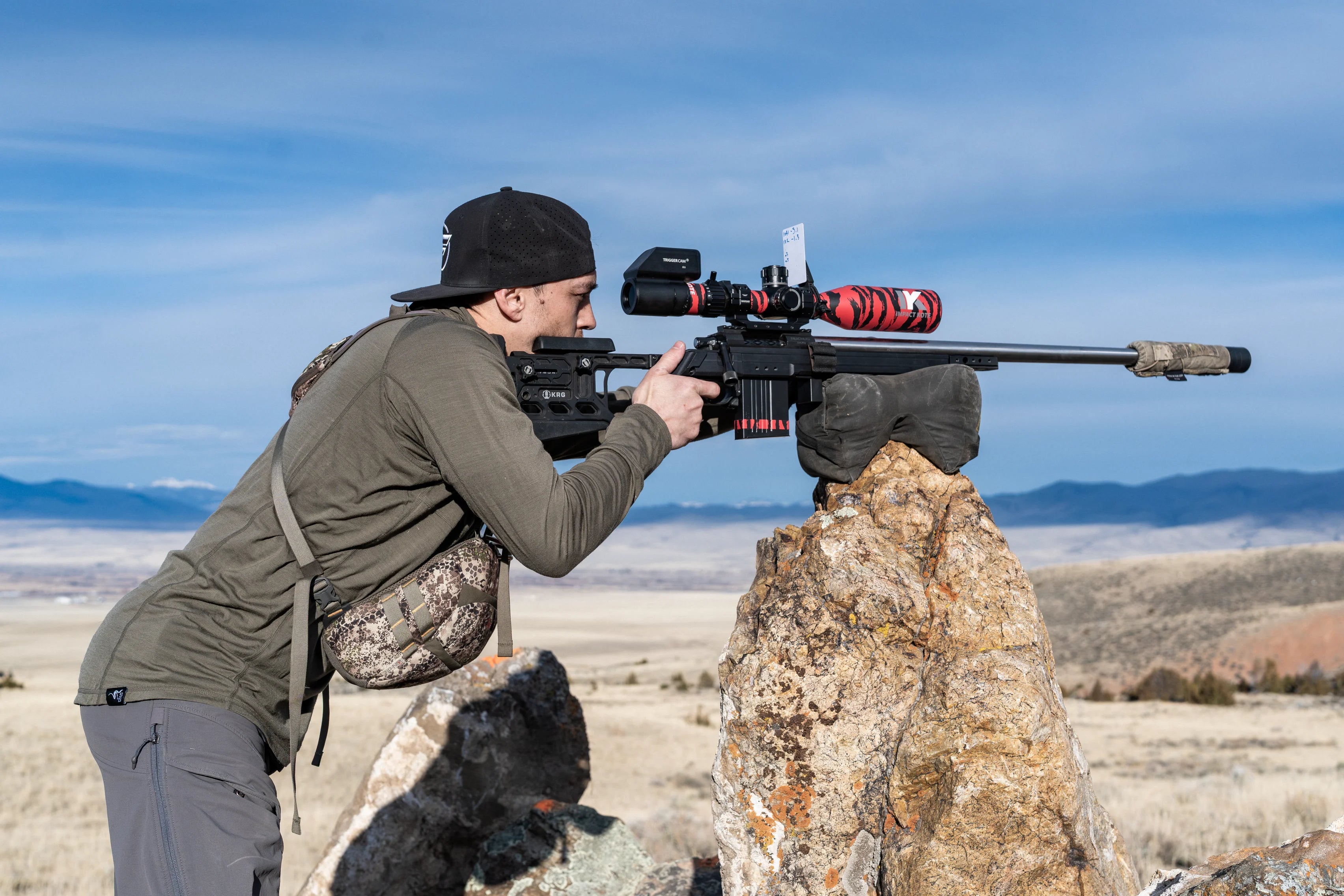 Impact Kote red tigerstripe scope wrap on Leica precision rifle scope